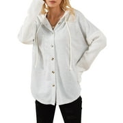 Womens Button Up Hoodies Long Sleeve Hooded Sweatshirts Loose Fit Fall Oversized Drawstring Hoodie with Pocket Gray L US12-14
